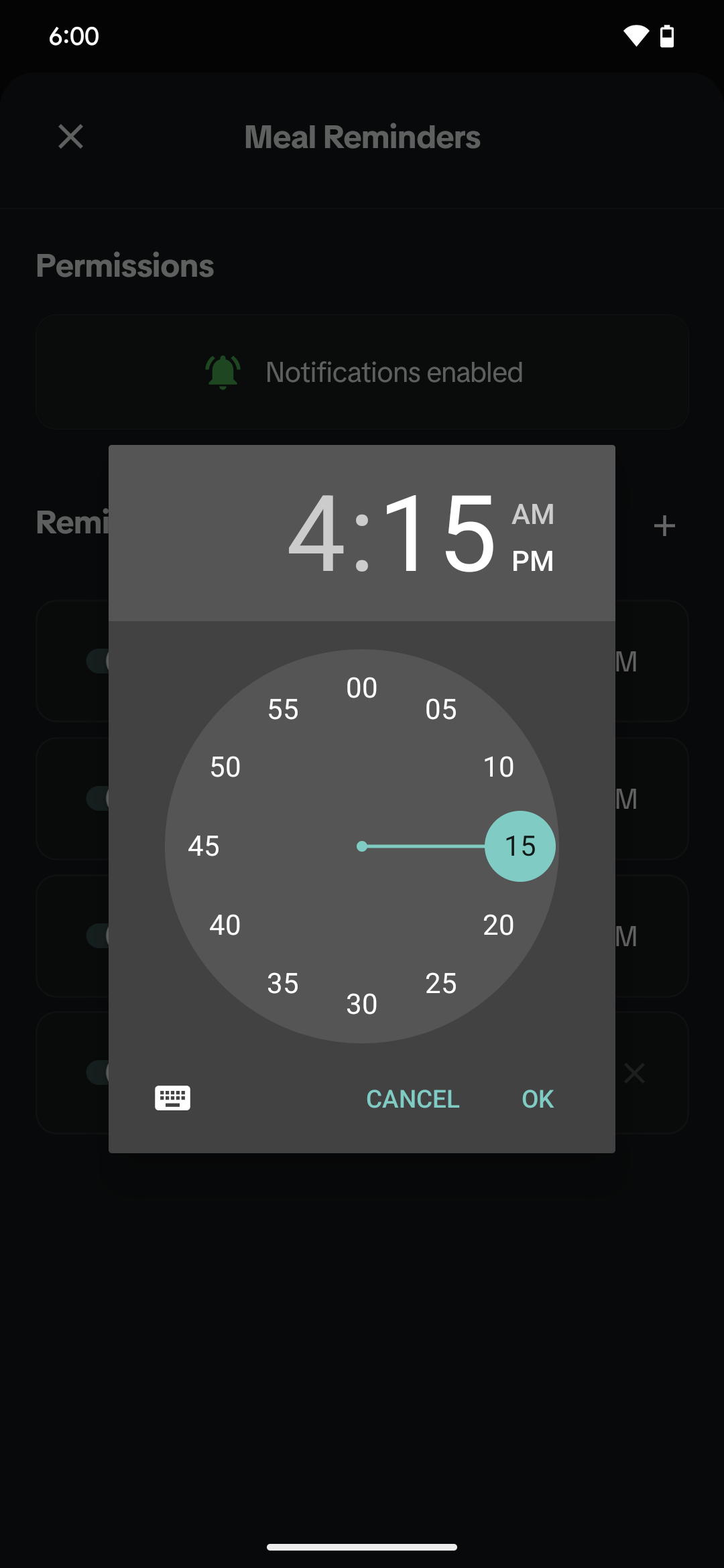 Time selector for Custom Meal Reminder